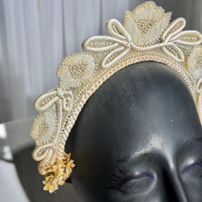 1920s vintage bridal crown tiara, white seed pearl and lace antique wedding head piece, wax flowers