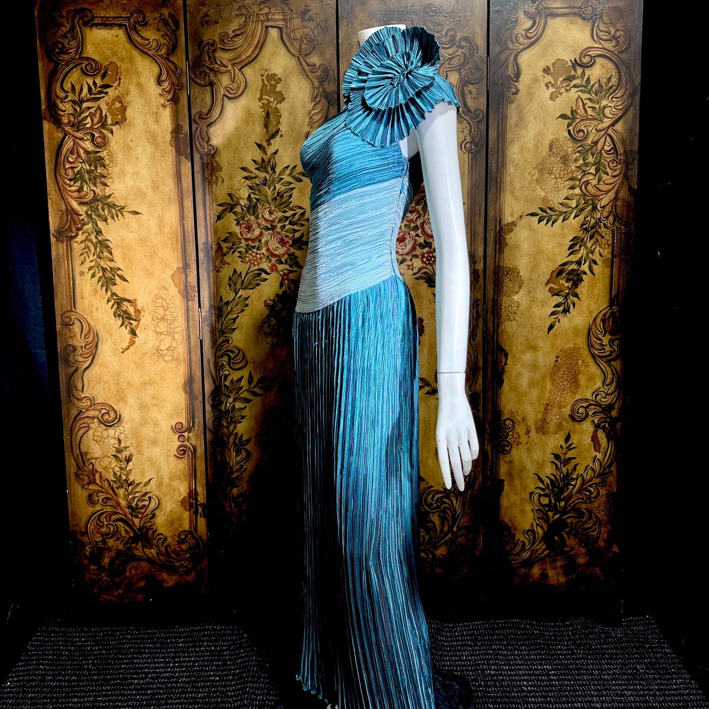 MARY MCFADDEN vintage evening dress, 1970s Neiman Marcus Teal One Shoulder plisse pleats gown