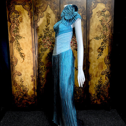 MARY MCFADDEN vintage evening dress, 1970s Neiman Marcus Teal One Shoulder plisse pleats gown