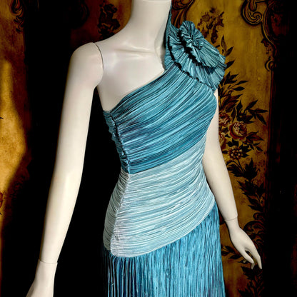 MARY MCFADDEN vintage evening dress, 1970s Neiman Marcus Teal One Shoulder plisse pleats gown