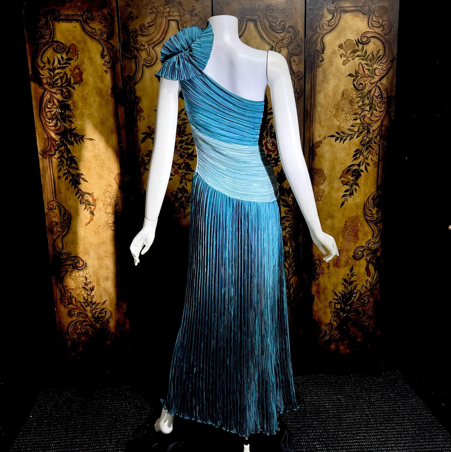MARY MCFADDEN vintage evening dress, 1970s Neiman Marcus Teal One Shoulder plisse pleats gown