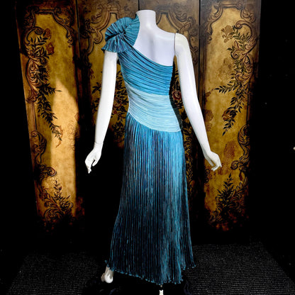MARY MCFADDEN vintage evening dress, 1970s Neiman Marcus Teal One Shoulder plisse pleats gown