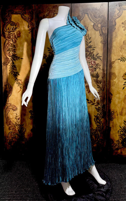 MARY MCFADDEN vintage evening dress, 1970s Neiman Marcus Teal One Shoulder plisse pleats gown