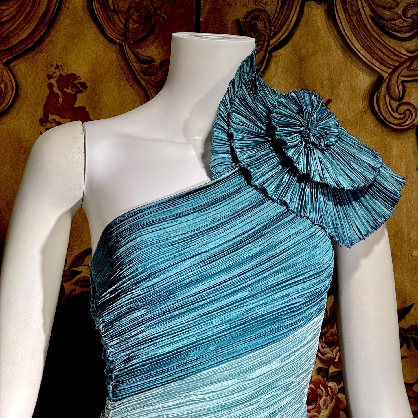 MARY MCFADDEN vintage evening dress, 1970s Neiman Marcus Teal One Shoulder plisse pleats gown