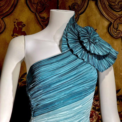 MARY MCFADDEN vintage evening dress, 1970s Neiman Marcus Teal One Shoulder plisse pleats gown