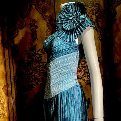 MARY MCFADDEN vintage evening dress, 1970s Neiman Marcus Teal One Shoulder plisse pleats gown