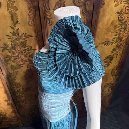 MARY MCFADDEN vintage evening dress, 1970s Neiman Marcus Teal One Shoulder plisse pleats gown