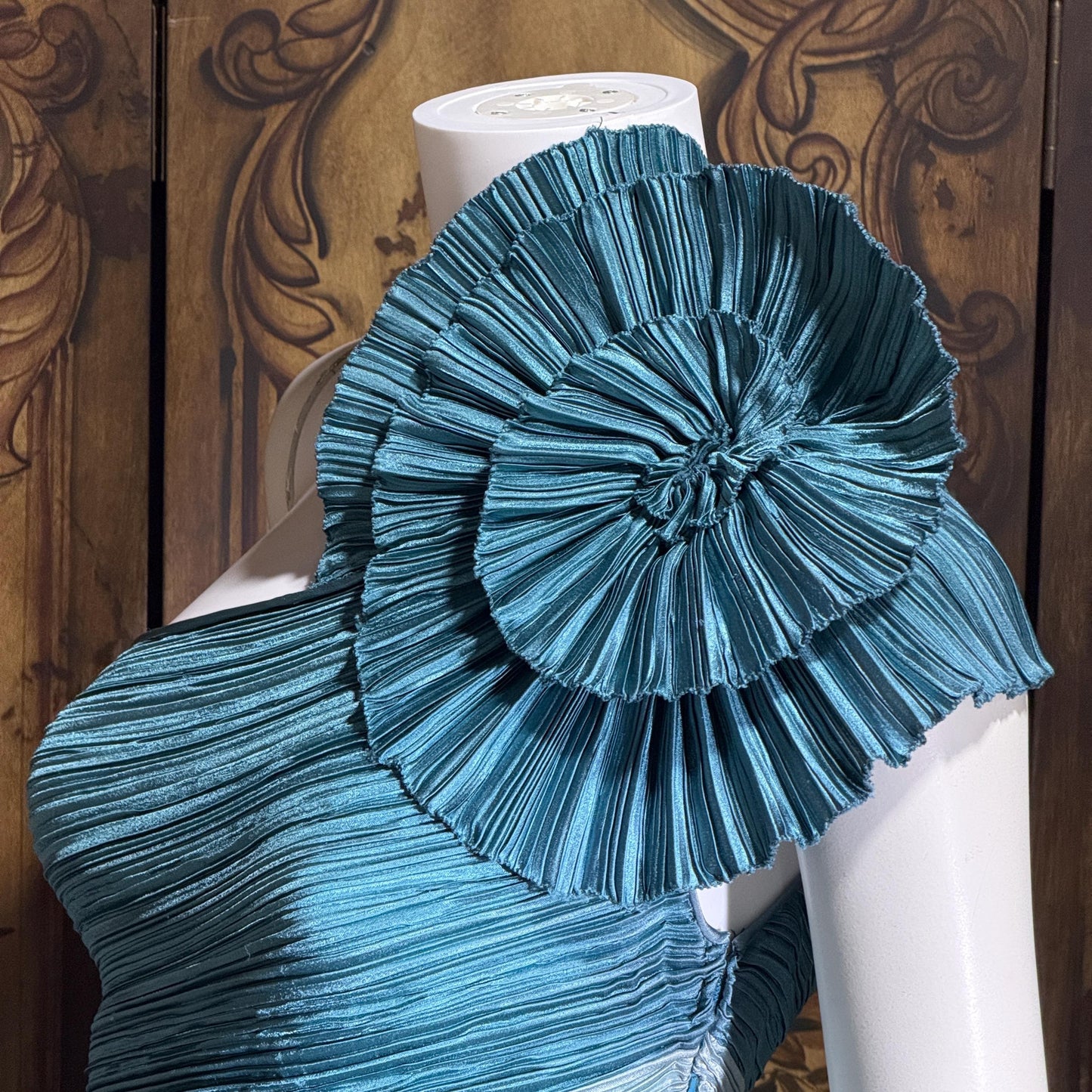 MARY MCFADDEN vintage evening dress, 1970s Neiman Marcus Teal One Shoulder plisse pleats gown