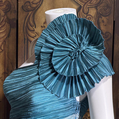 MARY MCFADDEN vintage evening dress, 1970s Neiman Marcus Teal One Shoulder plisse pleats gown
