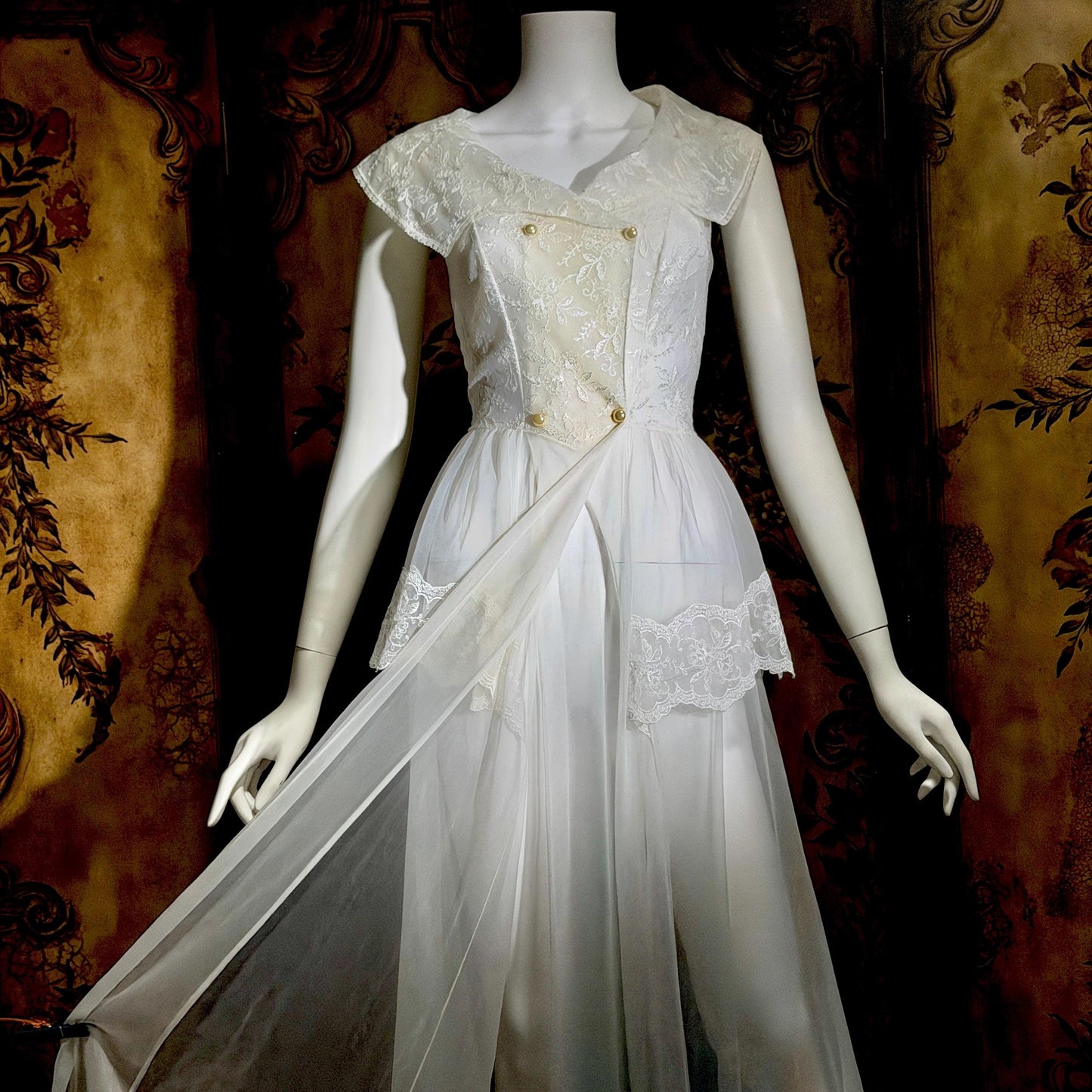 vintage 1950s ROGERS nightgown, white peplum Aphrodite Grecian Goddess lingerie gown