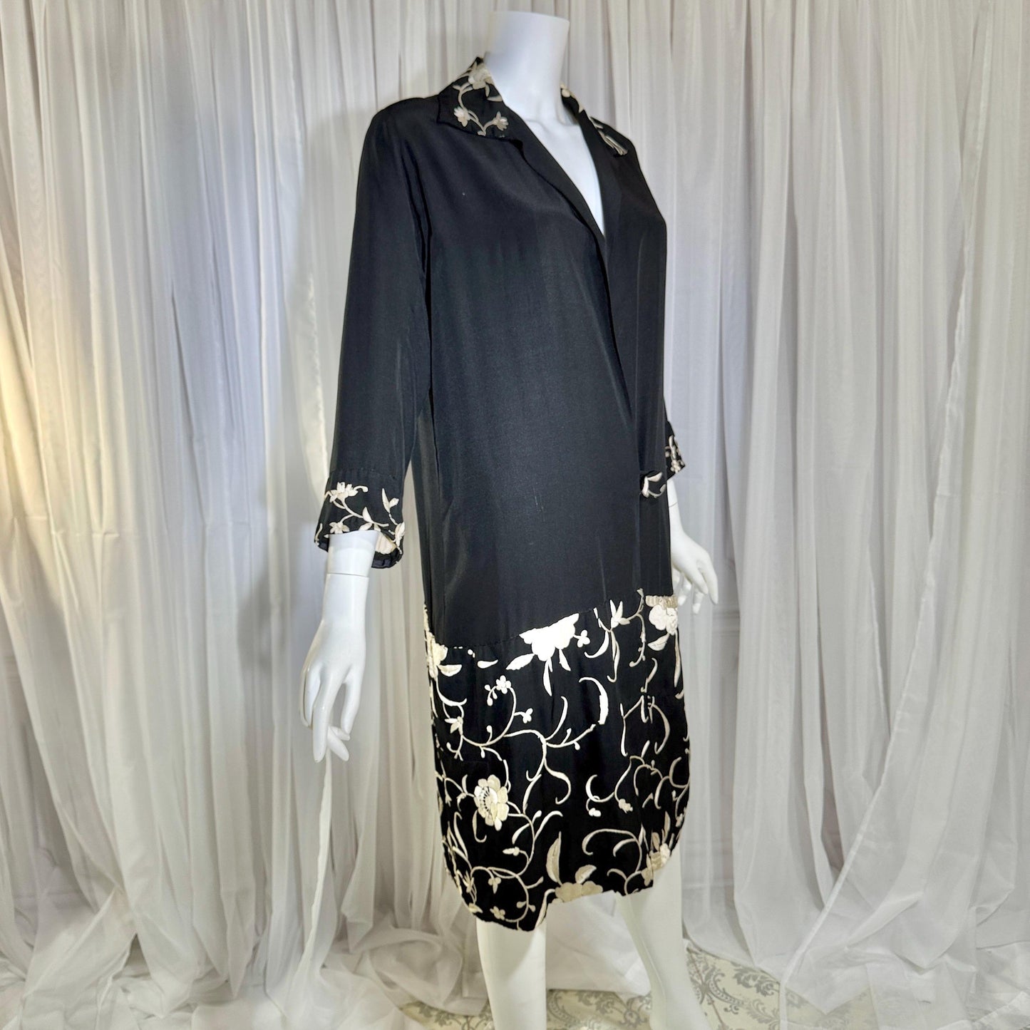 vintage 1920s evening coat, Inky black embroidered Antique Flapper duster