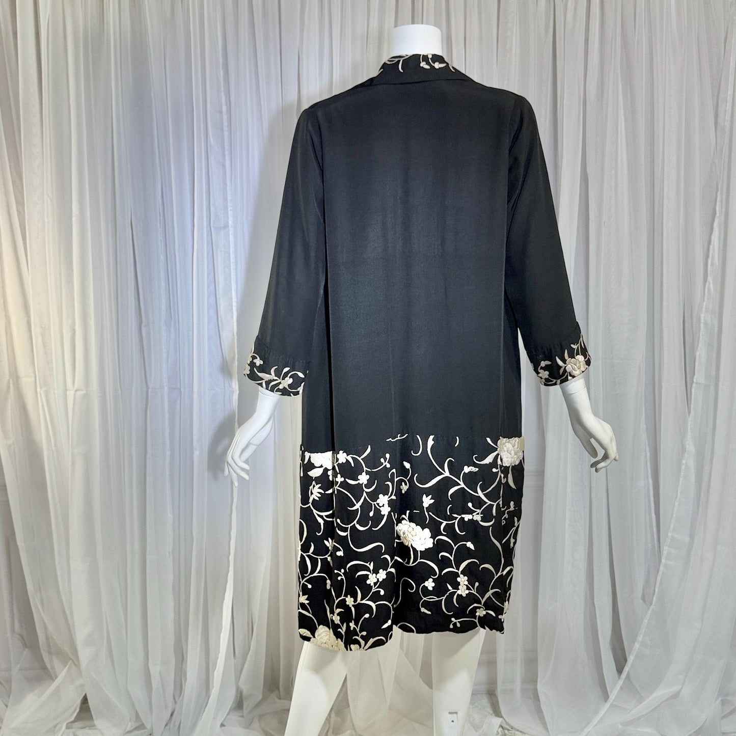 vintage 1920s evening coat, Inky black embroidered Antique Flapper duster