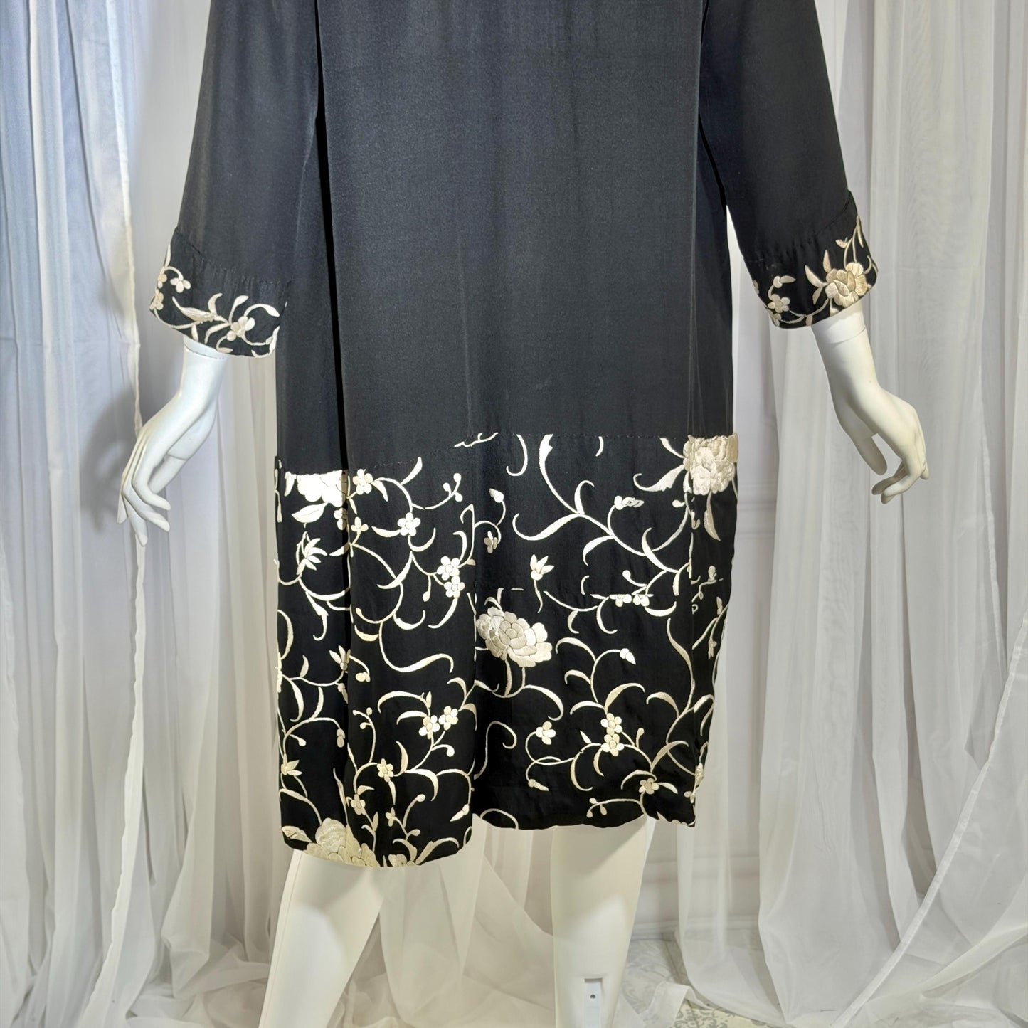 vintage 1920s evening coat, Inky black embroidered Antique Flapper duster