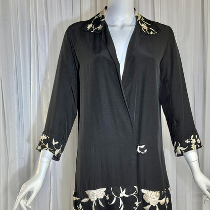 vintage 1920s evening coat, Inky black embroidered Antique Flapper duster