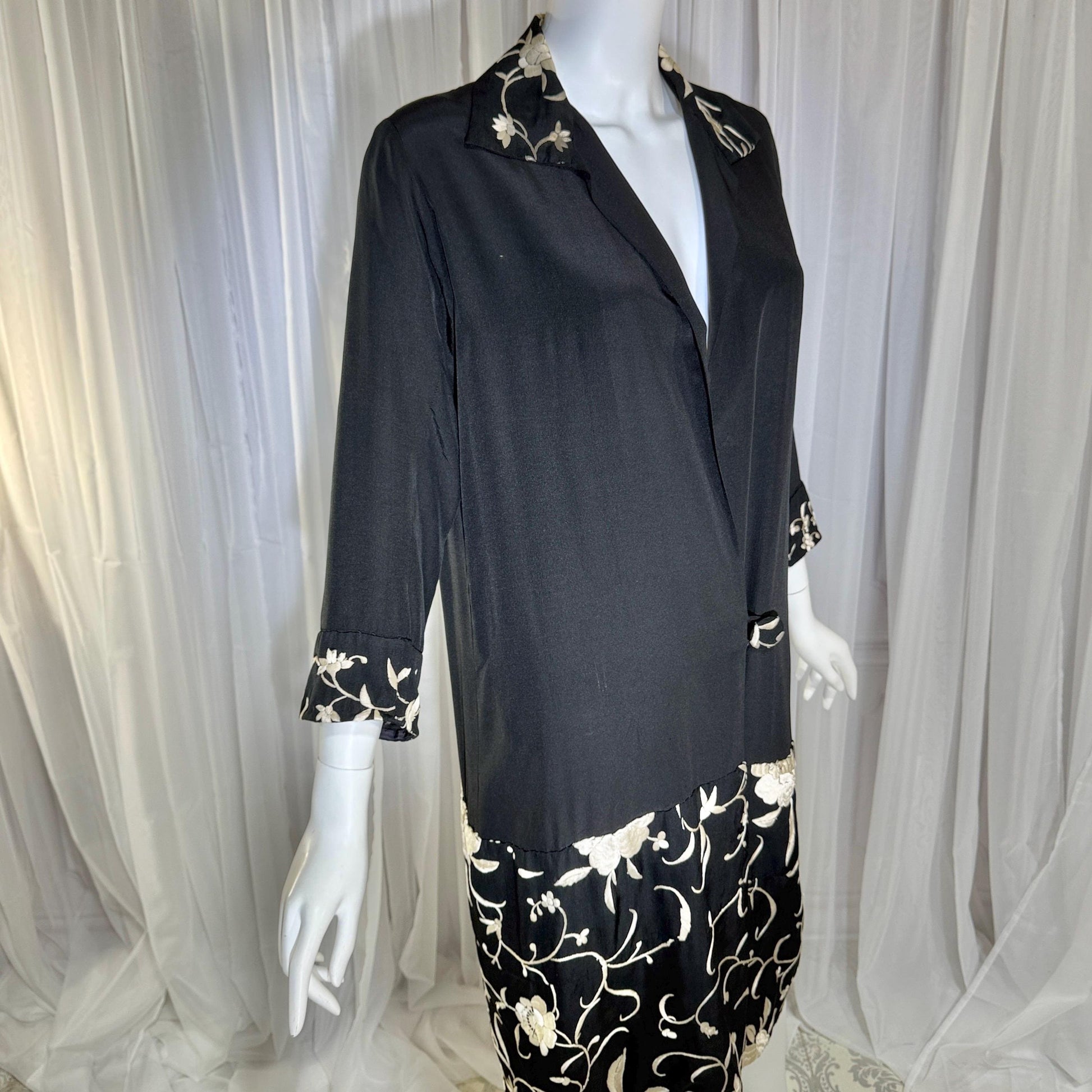 vintage 1920s evening coat, Inky black embroidered Antique Flapper duster