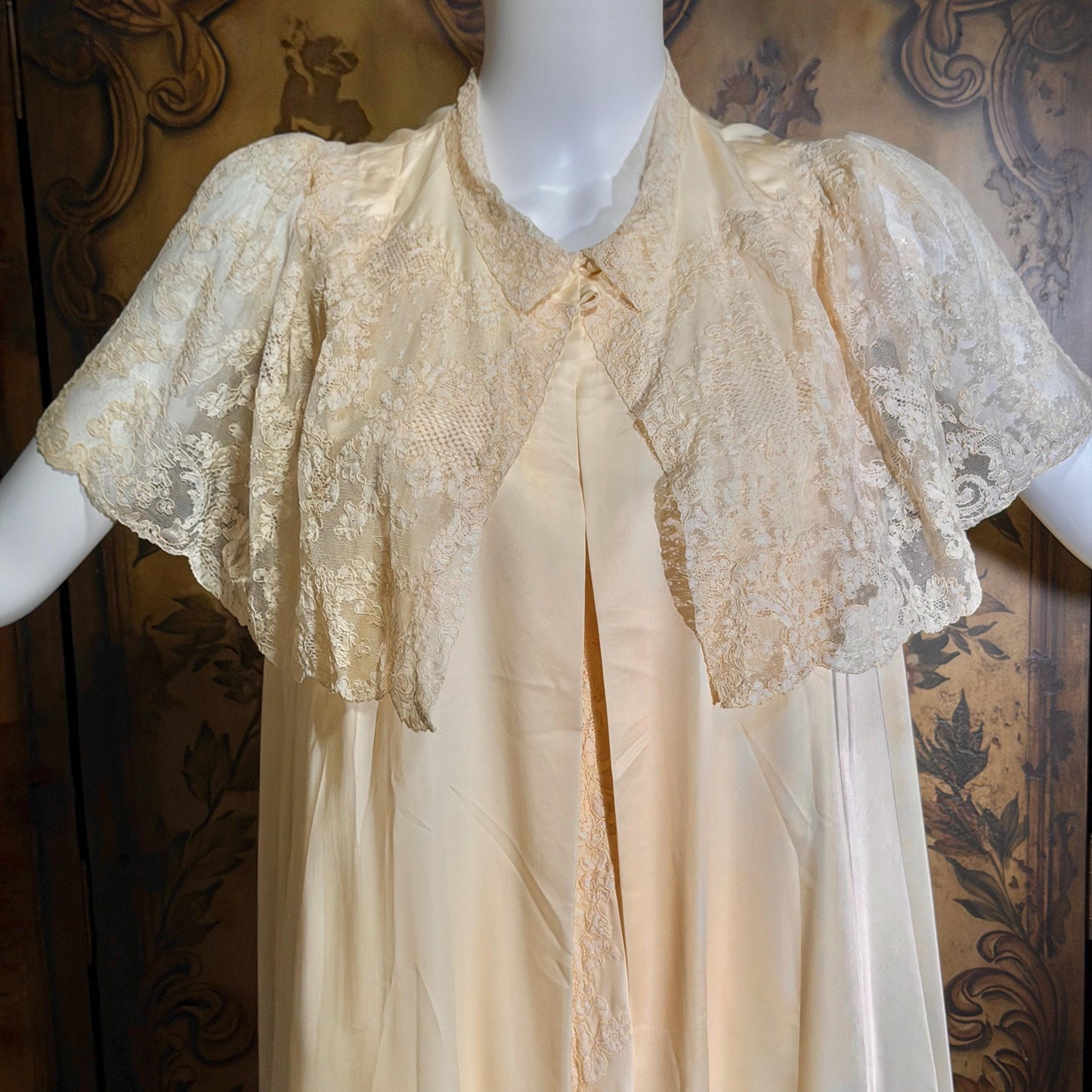 vintage 1940s nightgown robe set, HATEM EXCLUSIVE Buttery Peach silky nylon bridal peignoir lingerie slip dress and robe