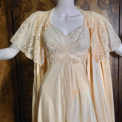 vintage 1940s nightgown robe set, HATEM EXCLUSIVE Buttery Peach silky nylon bridal peignoir lingerie slip dress and robe