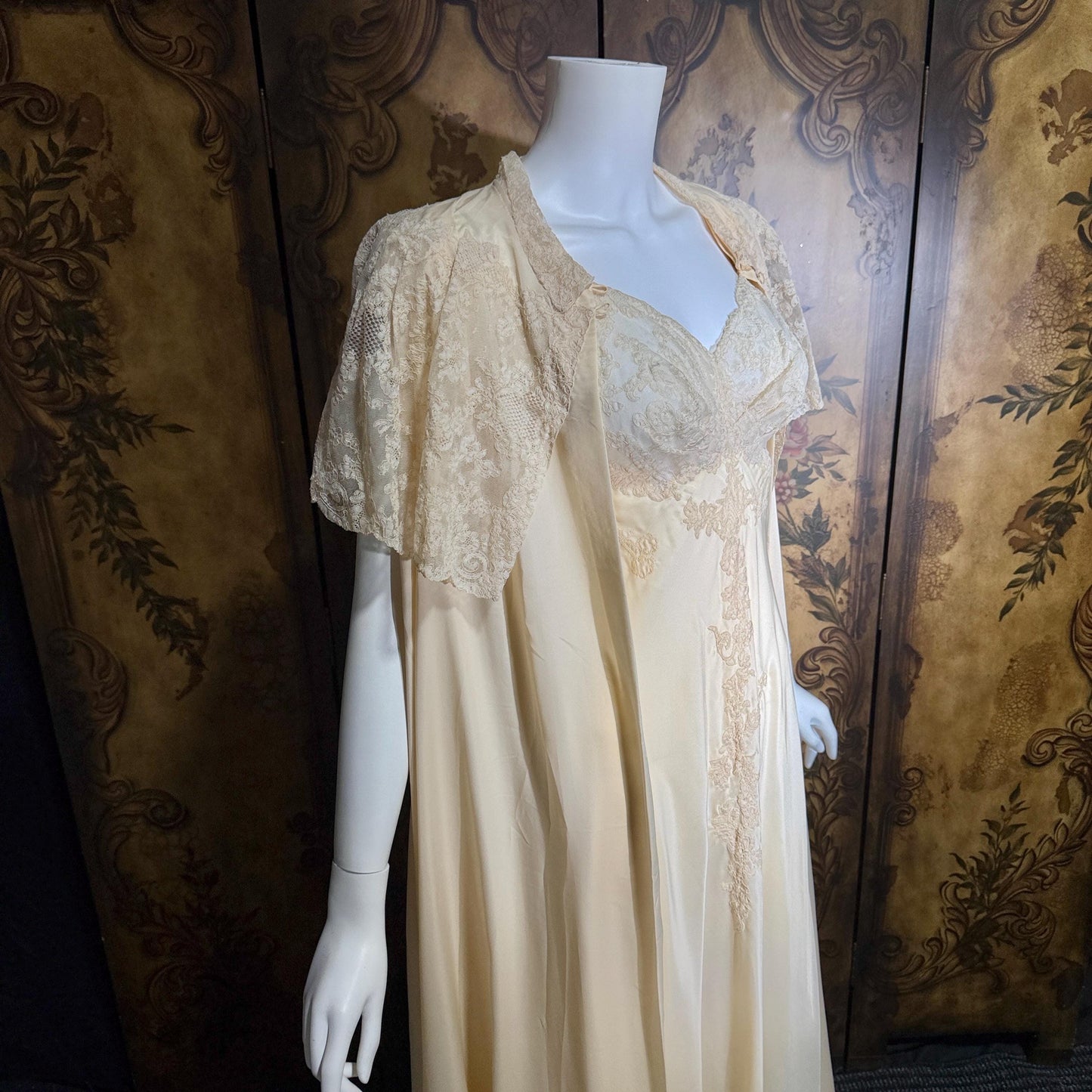 vintage 1940s nightgown robe set, HATEM EXCLUSIVE Buttery Peach silky nylon bridal peignoir lingerie slip dress and robe