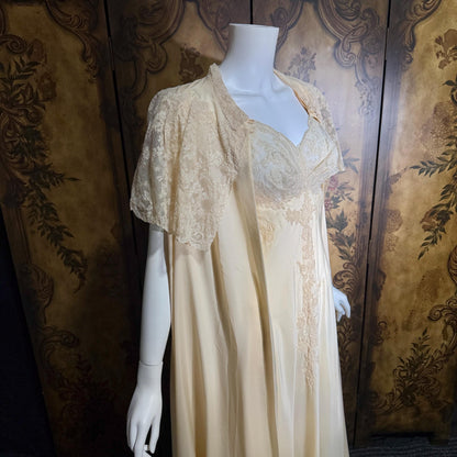 vintage 1940s nightgown robe set, HATEM EXCLUSIVE Buttery Peach silky nylon bridal peignoir lingerie slip dress and robe