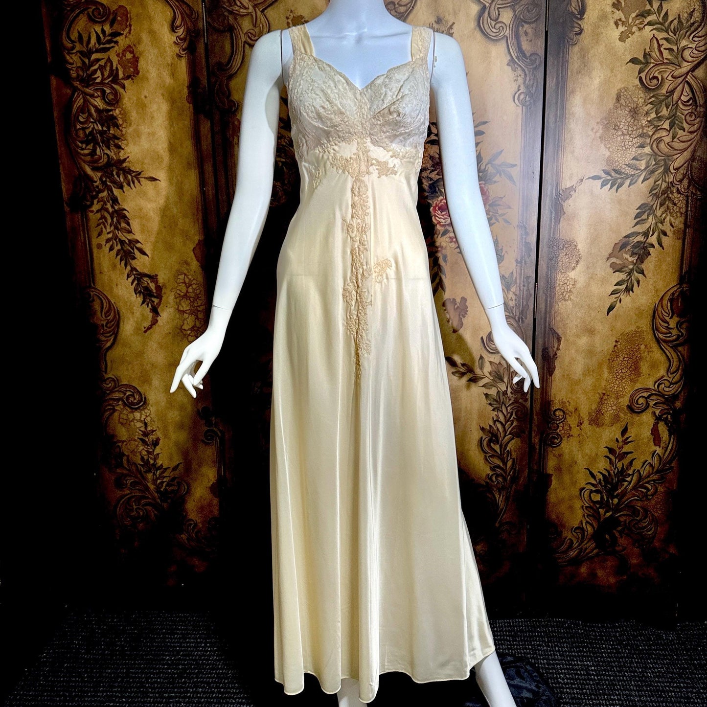 vintage 1940s nightgown robe set, HATEM EXCLUSIVE Buttery Peach silky nylon bridal peignoir lingerie slip dress and robe