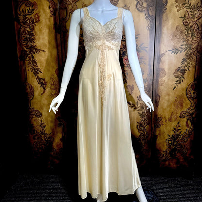 vintage 1940s nightgown robe set, HATEM EXCLUSIVE Buttery Peach silky nylon bridal peignoir lingerie slip dress and robe