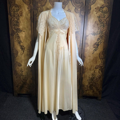 vintage 1940s nightgown robe set, HATEM EXCLUSIVE Buttery Peach silky nylon bridal peignoir lingerie slip dress and robe