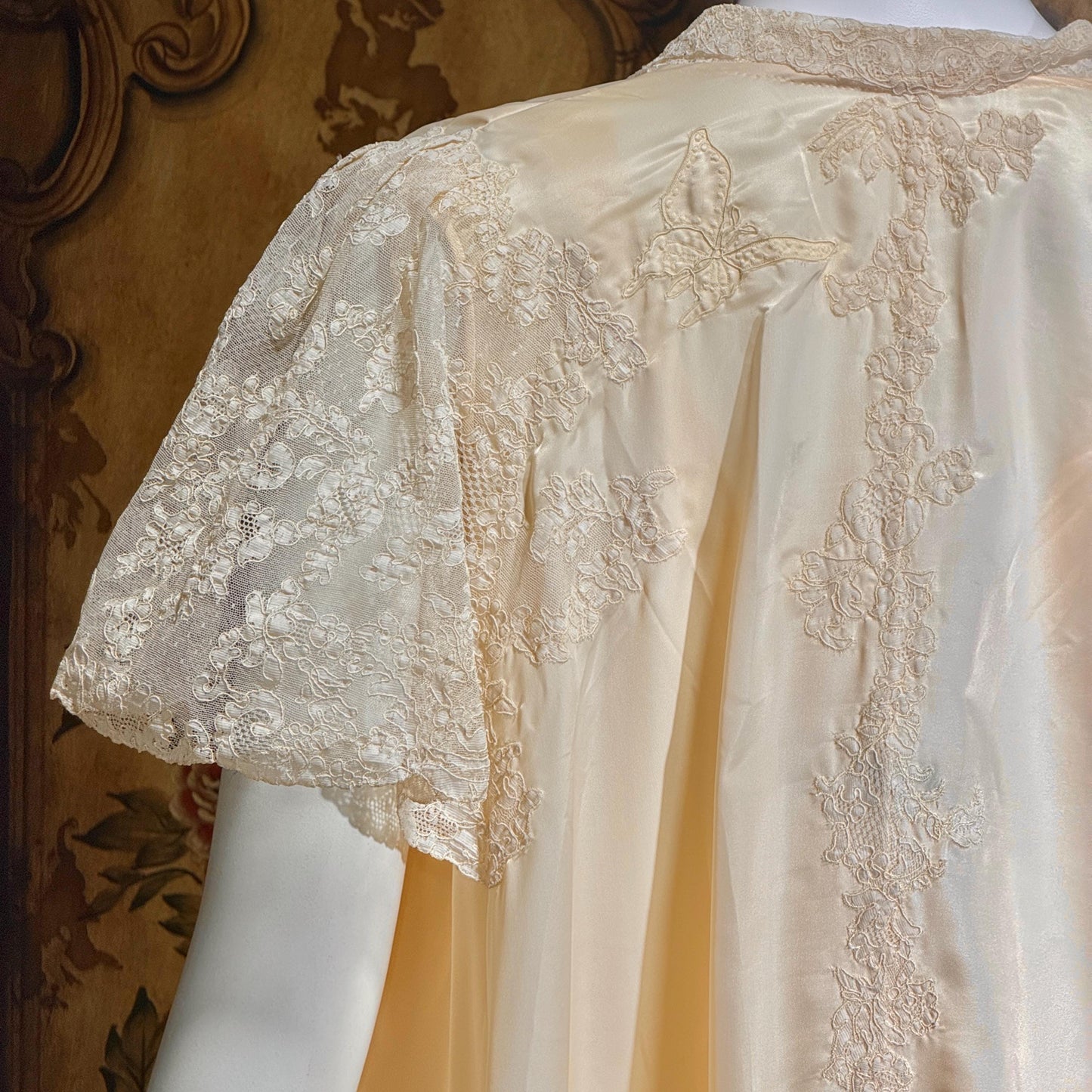 vintage 1940s nightgown robe set, HATEM EXCLUSIVE Buttery Peach silky nylon bridal peignoir lingerie slip dress and robe