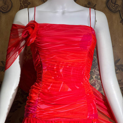 HARRY ACTON vintage evening dress gown, 1980s Red chiffon tiered ruffle scarf dress