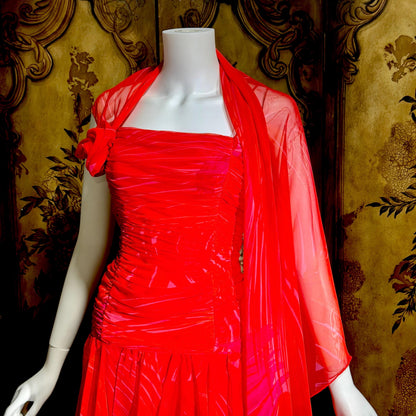 HARRY ACTON vintage evening dress gown, 1980s Red chiffon tiered ruffle scarf dress