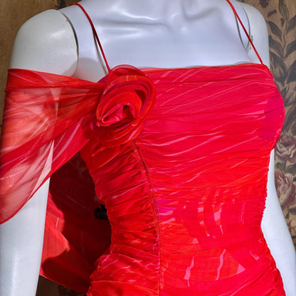 HARRY ACTON vintage evening dress gown, 1980s Red chiffon tiered ruffle scarf dress
