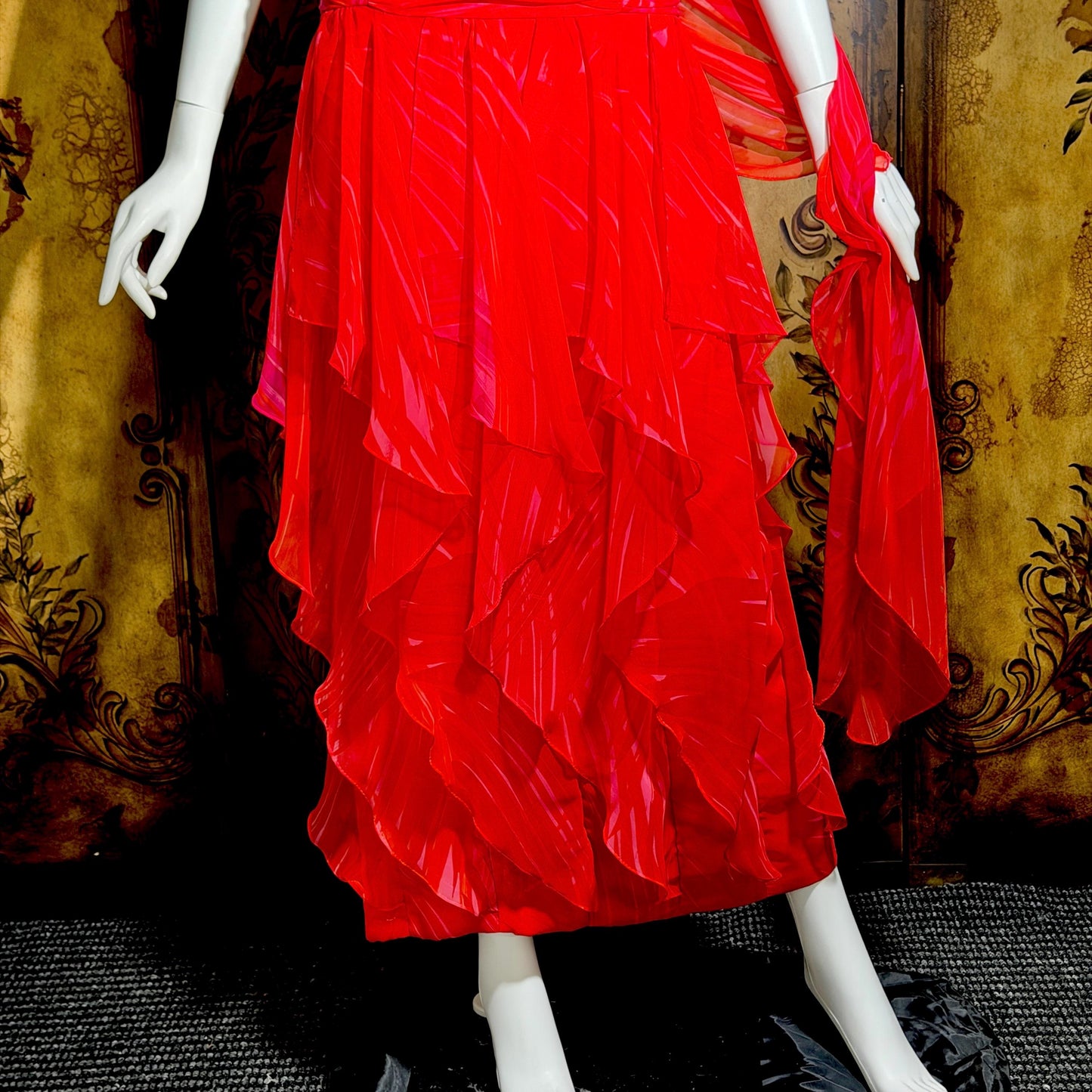 HARRY ACTON vintage evening dress gown, 1980s Red chiffon tiered ruffle scarf dress
