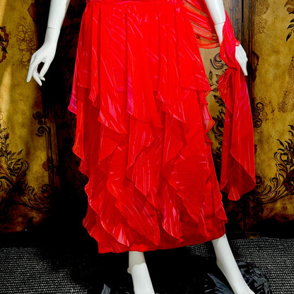 HARRY ACTON vintage evening dress gown, 1980s Red chiffon tiered ruffle scarf dress