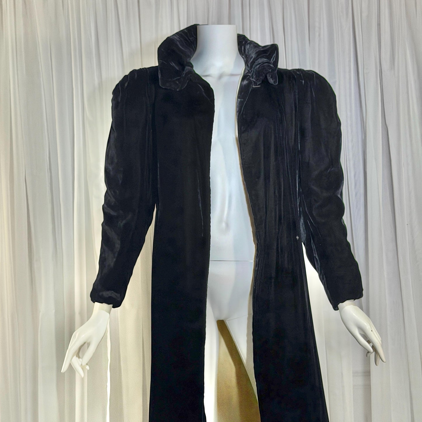 vintage 1920s opera coat, Black Silk Velvet flapper evening coat duster ruffle neck