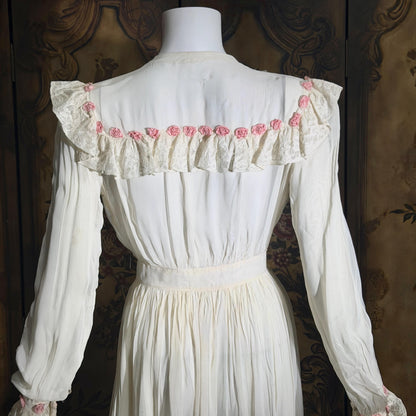 vintage 1930s dressing gown robe, sheer white rayon pink flowers bridal peignoir housecoat