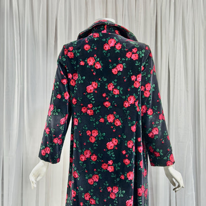 TOWN & COUNTRY vintage 1960s evening coat, black velvet rose print midi coat
