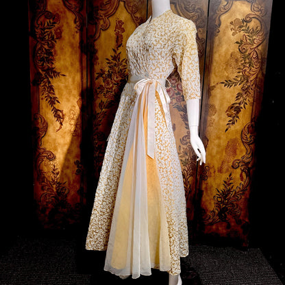 vintge 1940s dressing gown robe, EVELYN PEARSON Gold White full sweep wrap front housecoat hostess dress