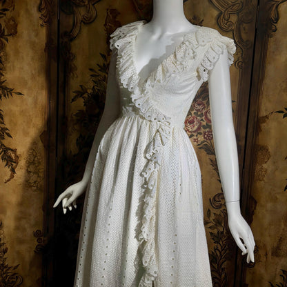 VICTOR COSTA Vintage 1970s dress, White Cotton Eyelet Ruffle Maxi Boho Wedding
