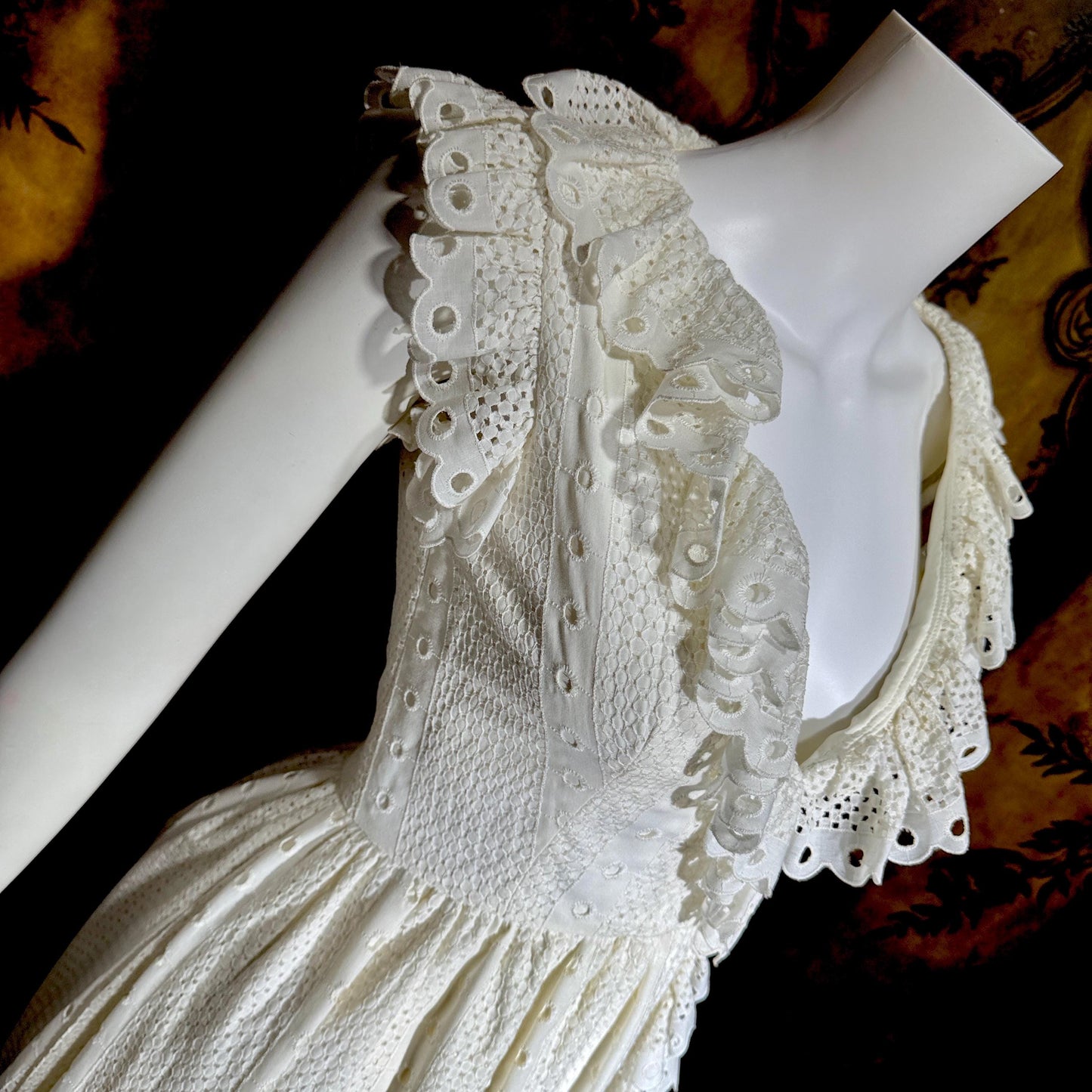 VICTOR COSTA Vintage 1970s dress, White Cotton Eyelet Ruffle Maxi Boho Wedding