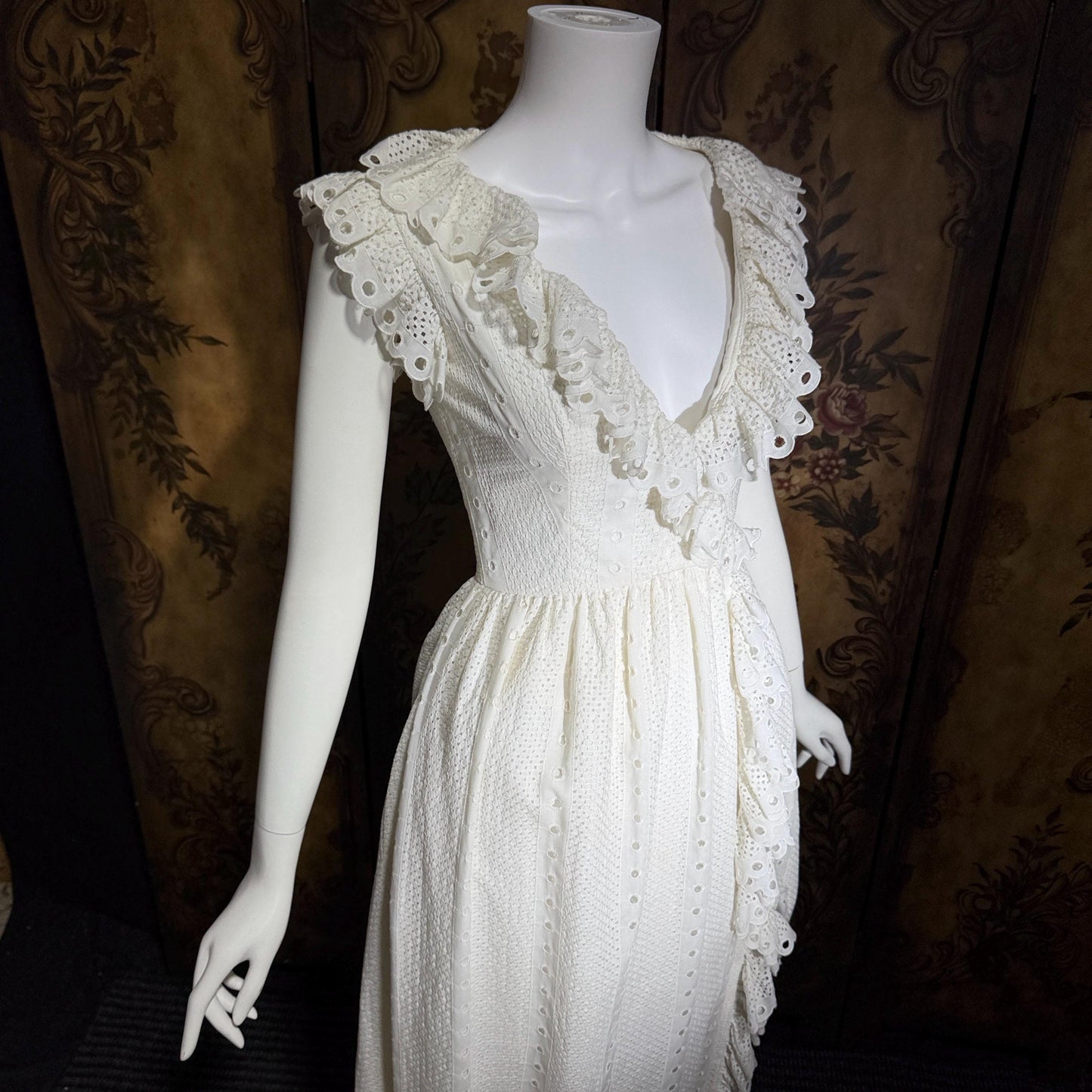 VICTOR COSTA Vintage 1970s dress, White Cotton Eyelet Ruffle Maxi Boho Wedding