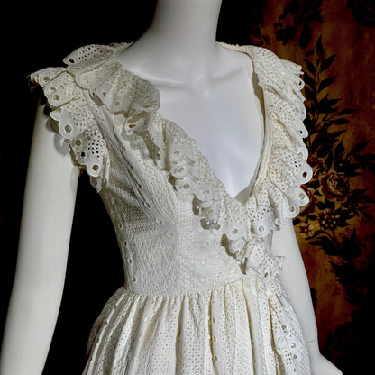 VICTOR COSTA Vintage 1970s dress, White Cotton Eyelet Ruffle Maxi Boho Wedding