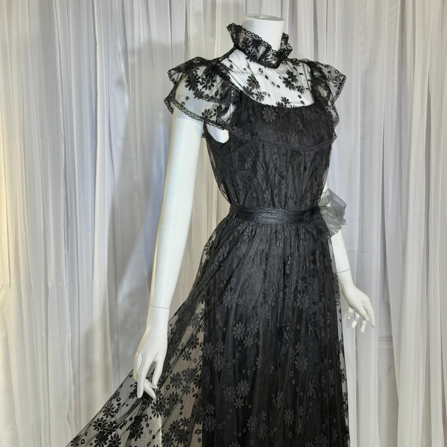 1970s Vintage Black Lace Maxi dress, High neck ruffle evening gown