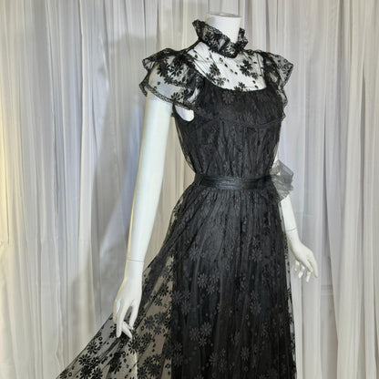 1970s Vintage Black Lace Maxi dress, High neck ruffle evening gown