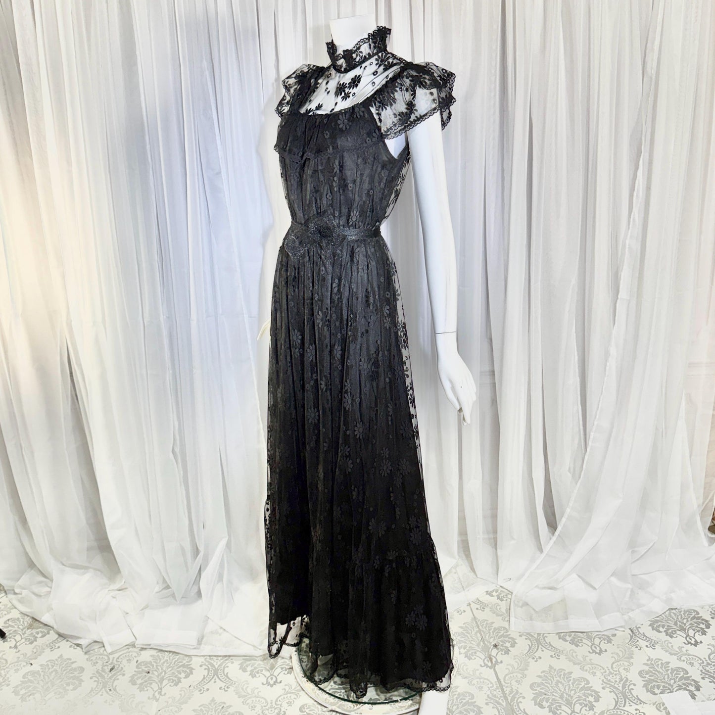 1970s Vintage Black Lace Maxi dress, High neck ruffle evening gown