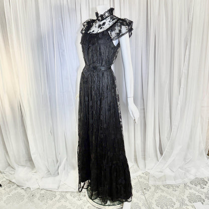 1970s Vintage Black Lace Maxi dress, High neck ruffle evening gown