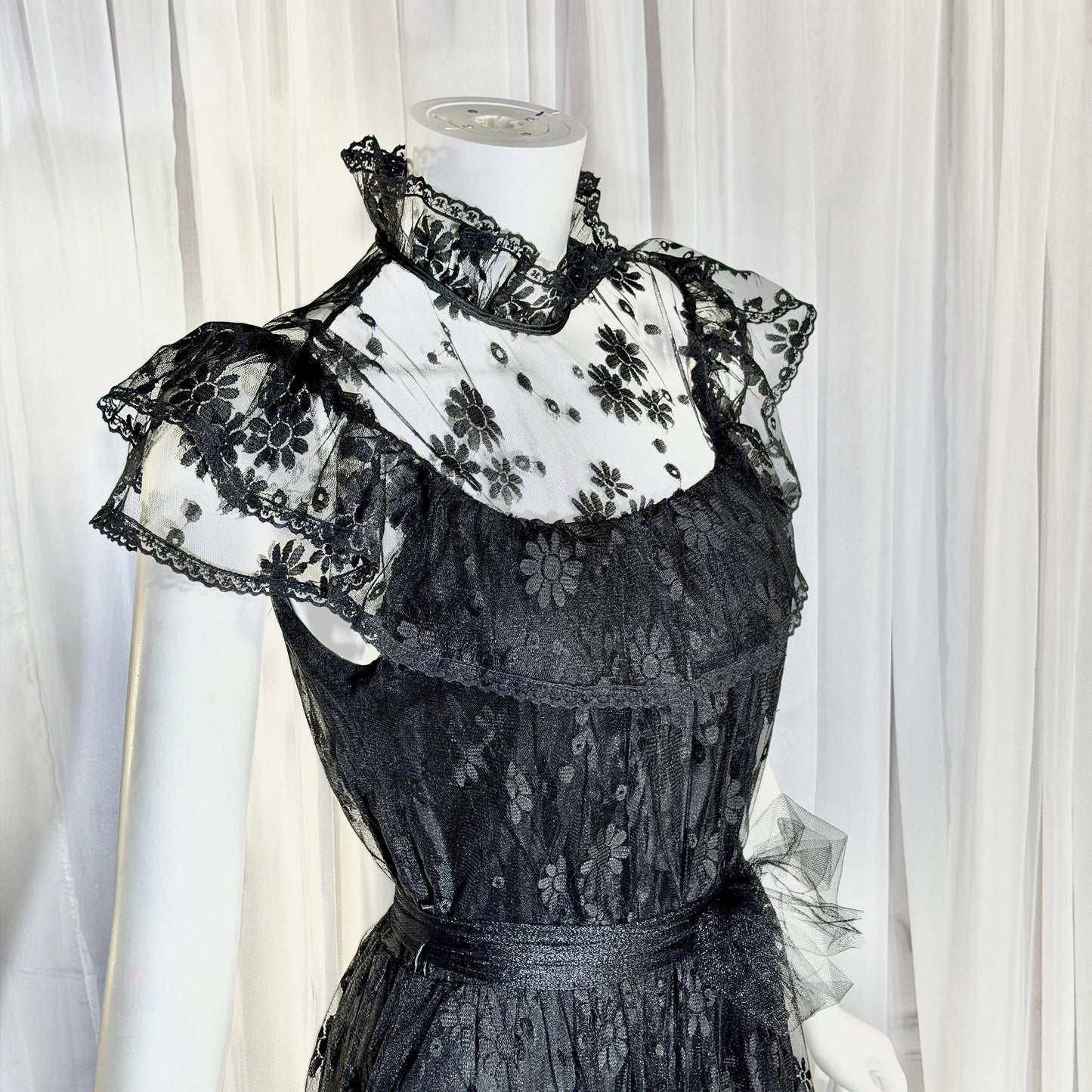 1970s Vintage Black Lace Maxi dress, High neck ruffle evening gown