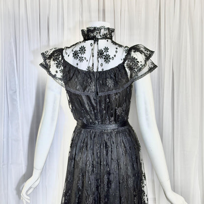1970s Vintage Black Lace Maxi dress, High neck ruffle evening gown