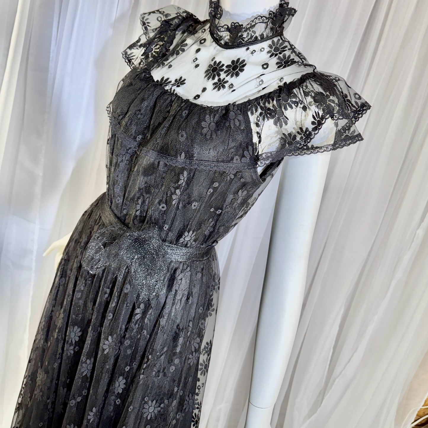 1970s Vintage Black Lace Maxi dress, High neck ruffle evening gown