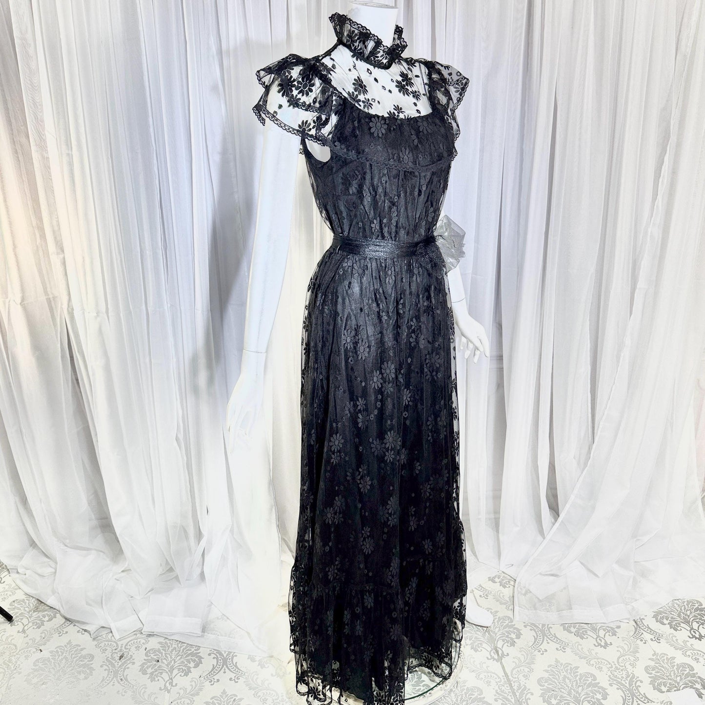 1970s Vintage Black Lace Maxi dress, High neck ruffle evening gown