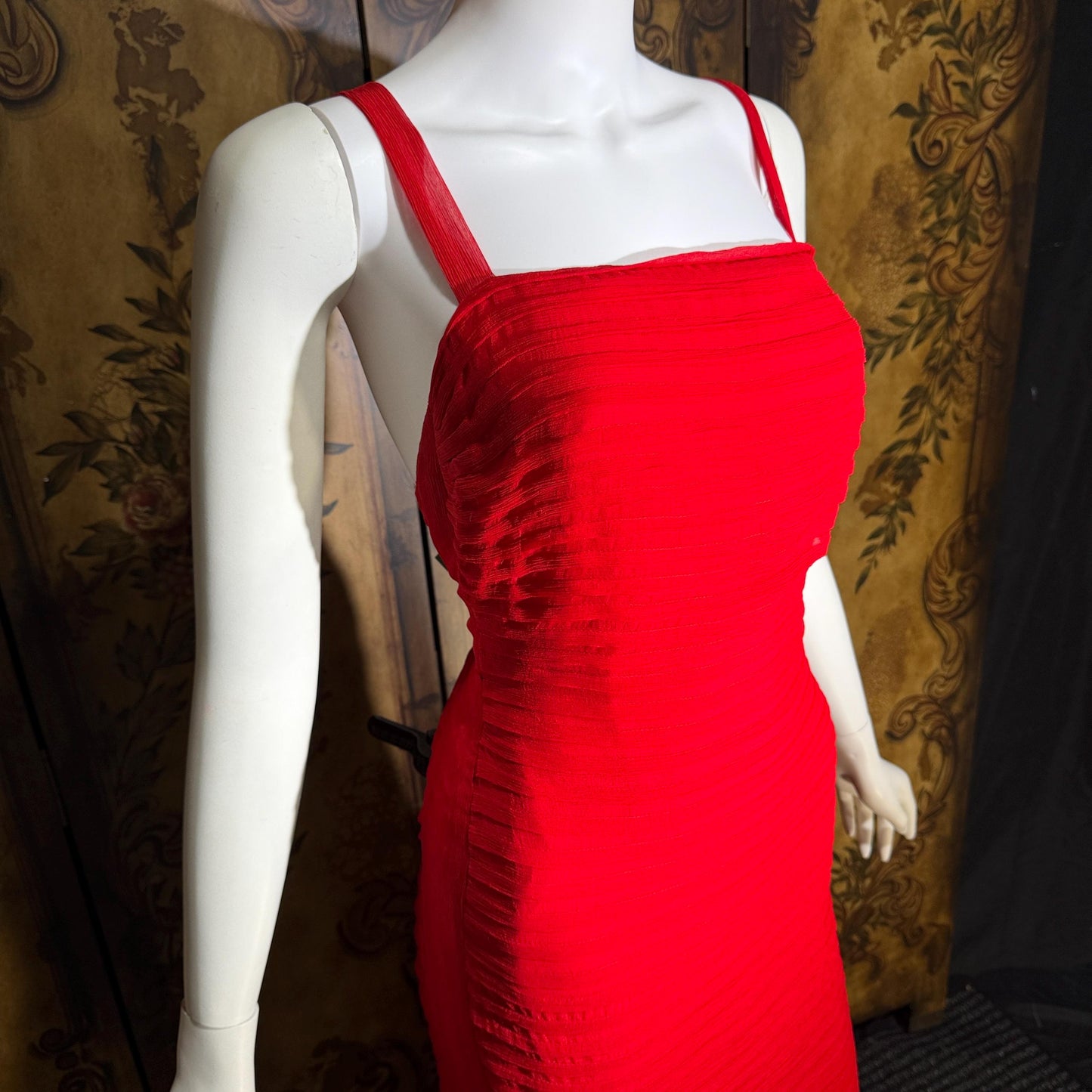 MONDI vintage 1980s Red Silk evening gown dress, tucked sheath gown Medium