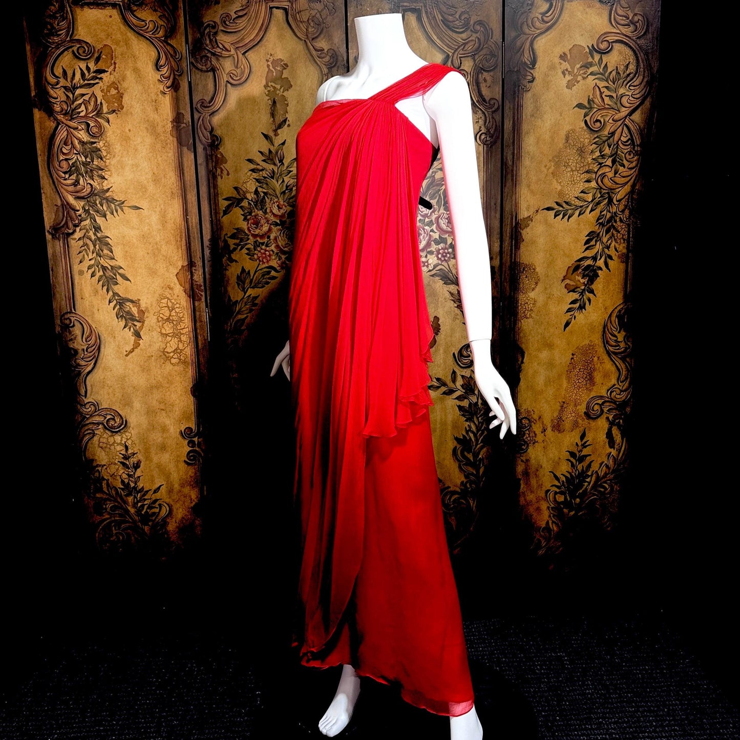 OSCAR de la RENTA vintage 1980s Red Silk evening gown dress, SAKS one shoulder gown Medium